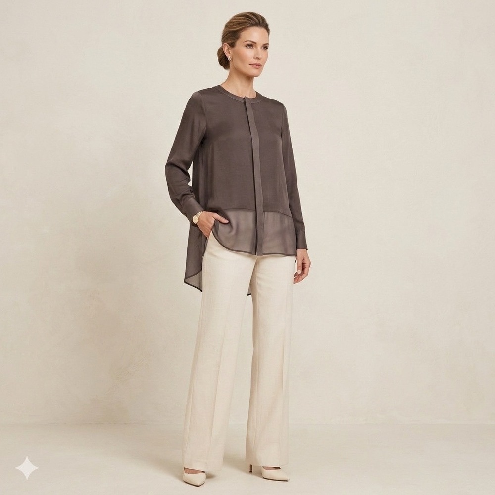 Rag & Bone Silk Sheer Hi Low Blouse Taupe Long Sleeve‎ Top S Minimalist Designer